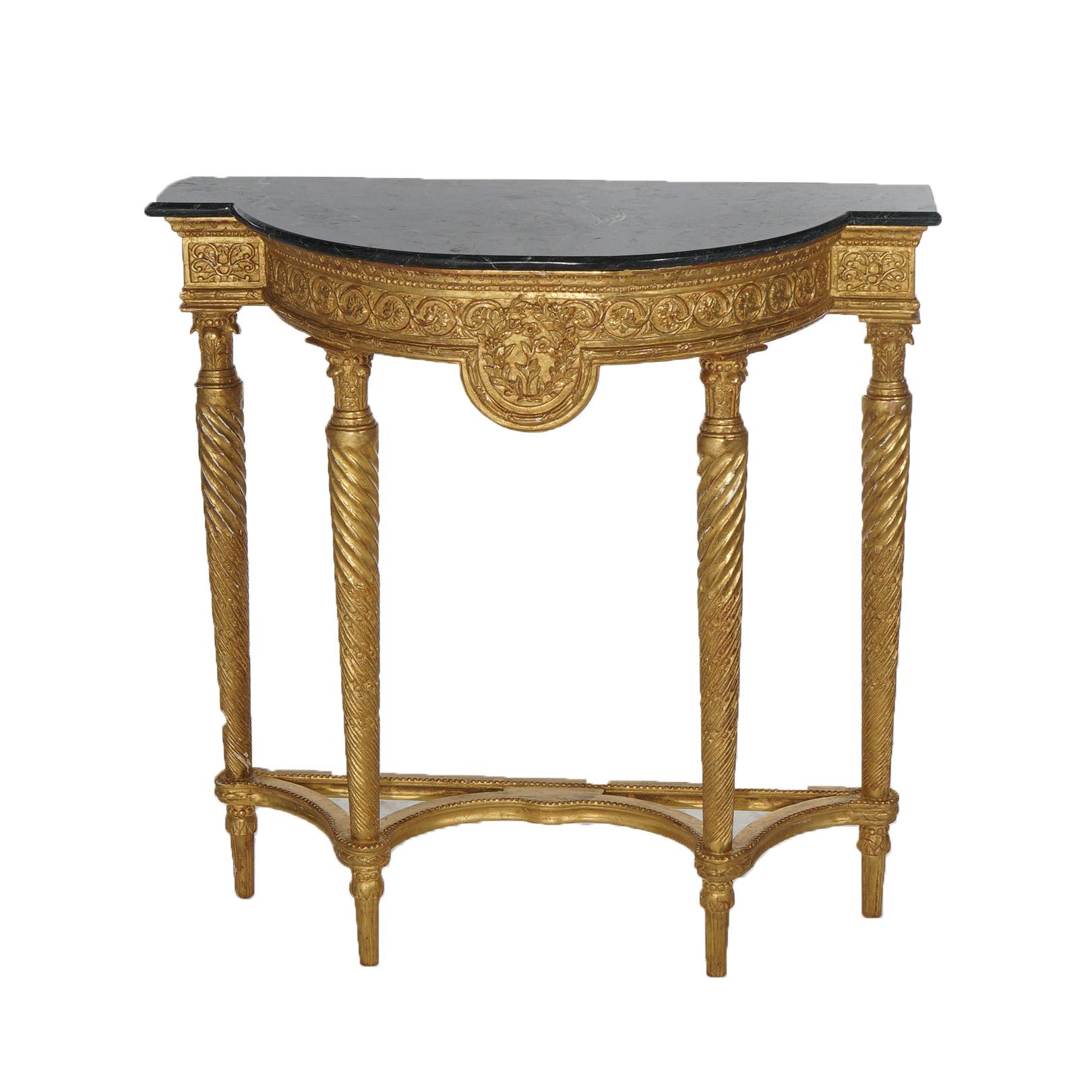 Antique French Louis XVI Style Giltwood & Marble Top  Demilune Hall Table C1900 In Good Condition In Big Flats, NY