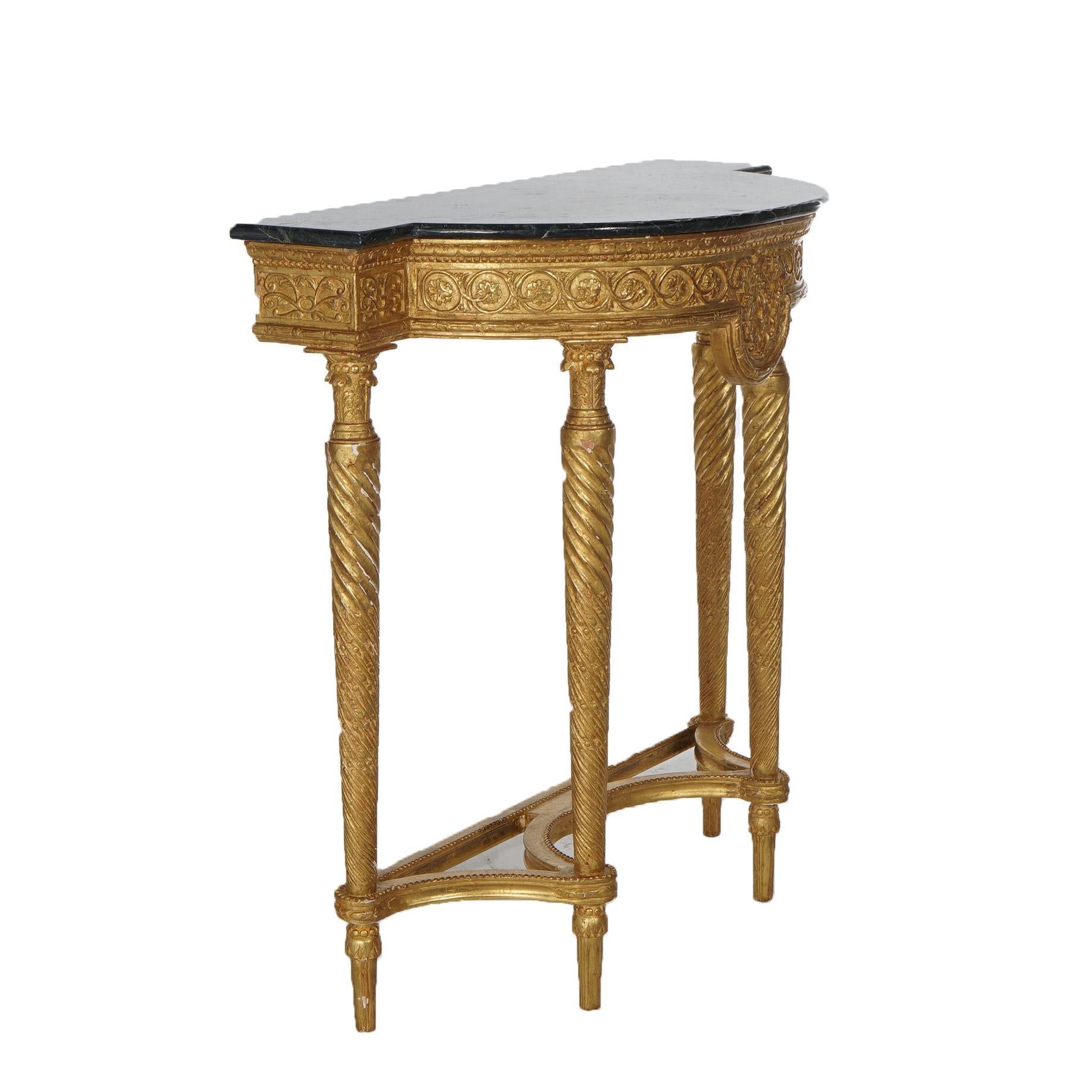 20th Century Antique French Louis XVI Style Giltwood & Marble Top  Demilune Hall Table C1900