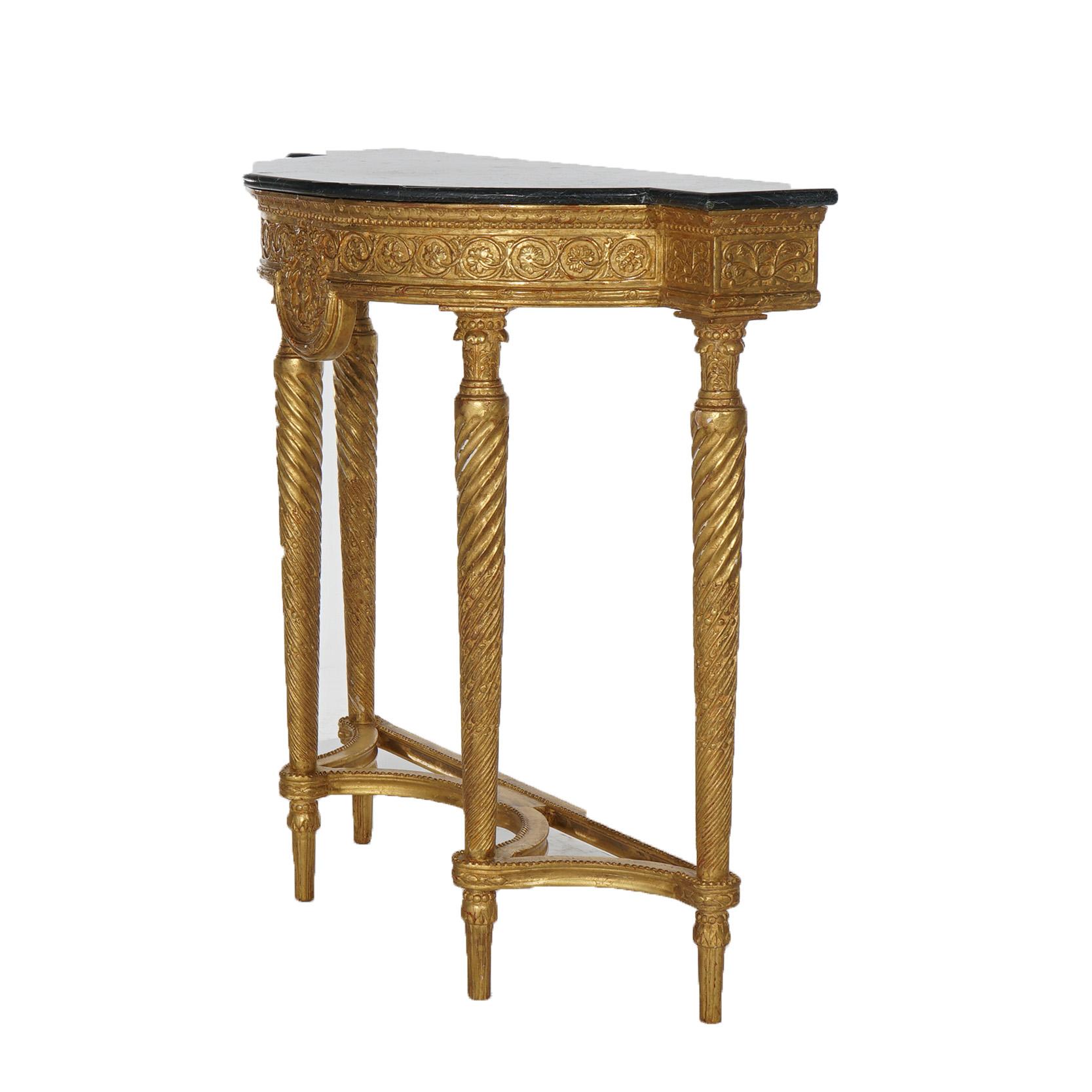 Antique French Louis XVI Style Giltwood & Marble Top  Demilune Hall Table C1900 1
