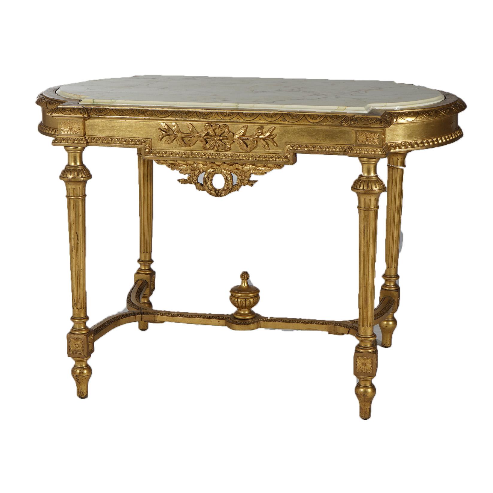 Antique French Louis XVI Style Giltwood Parlor Table with Faux Painted Top 19thC 14