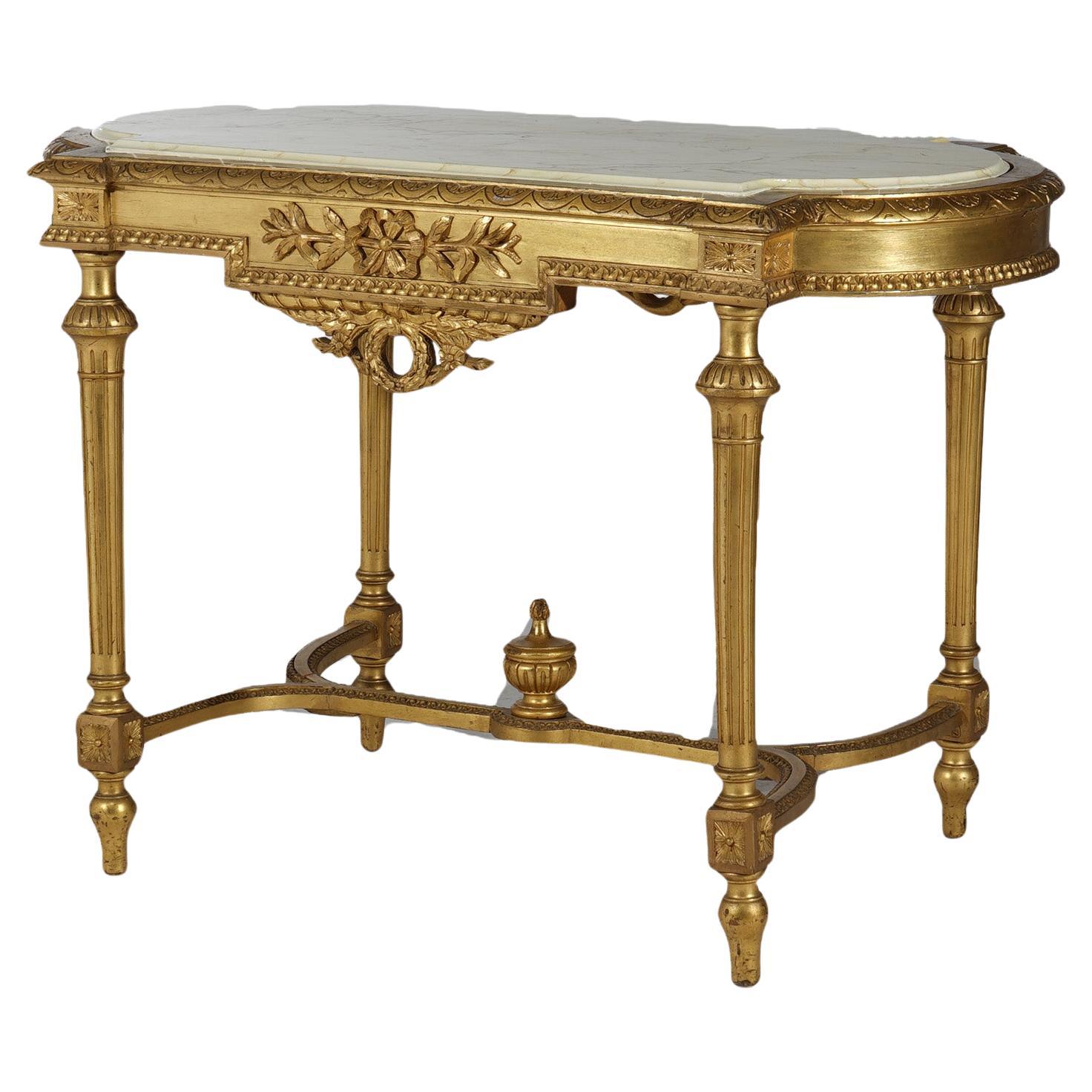 Antique French Louis XVI Style Giltwood Parlor Table with Faux Painted Top 19thC For Sale