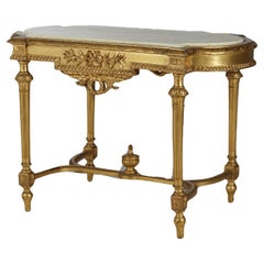 Ancienne table de salon française de style Louis XVI en bois doré avec plateau faux peint 19ème siècle