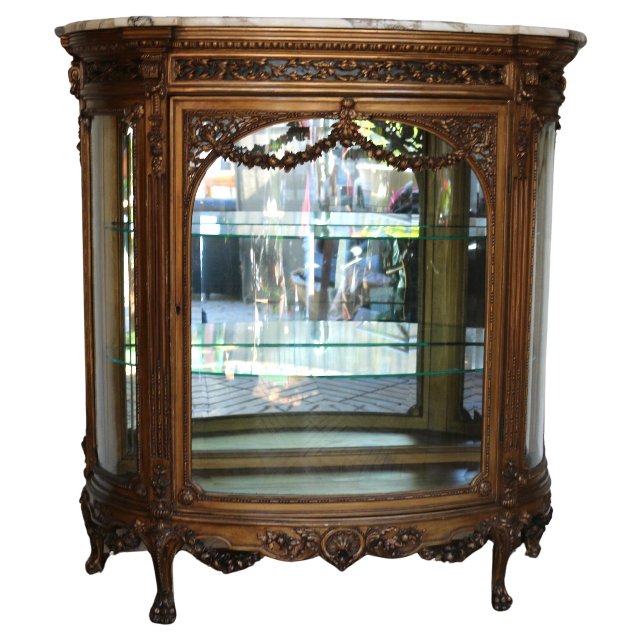 Antique French Louis XVI-Style Giltwood Vitrine With Marble Top, Early 20th Cent