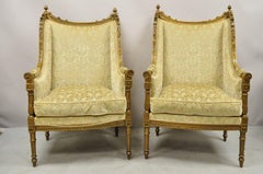 Antique French Louis XVI Style Gold Bergere Wingback Lounge Arm Chair, a Pair