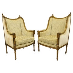 Antique French Louis XVI Style Gold Bergere Wingback Lounge Arm Chair, a Pair