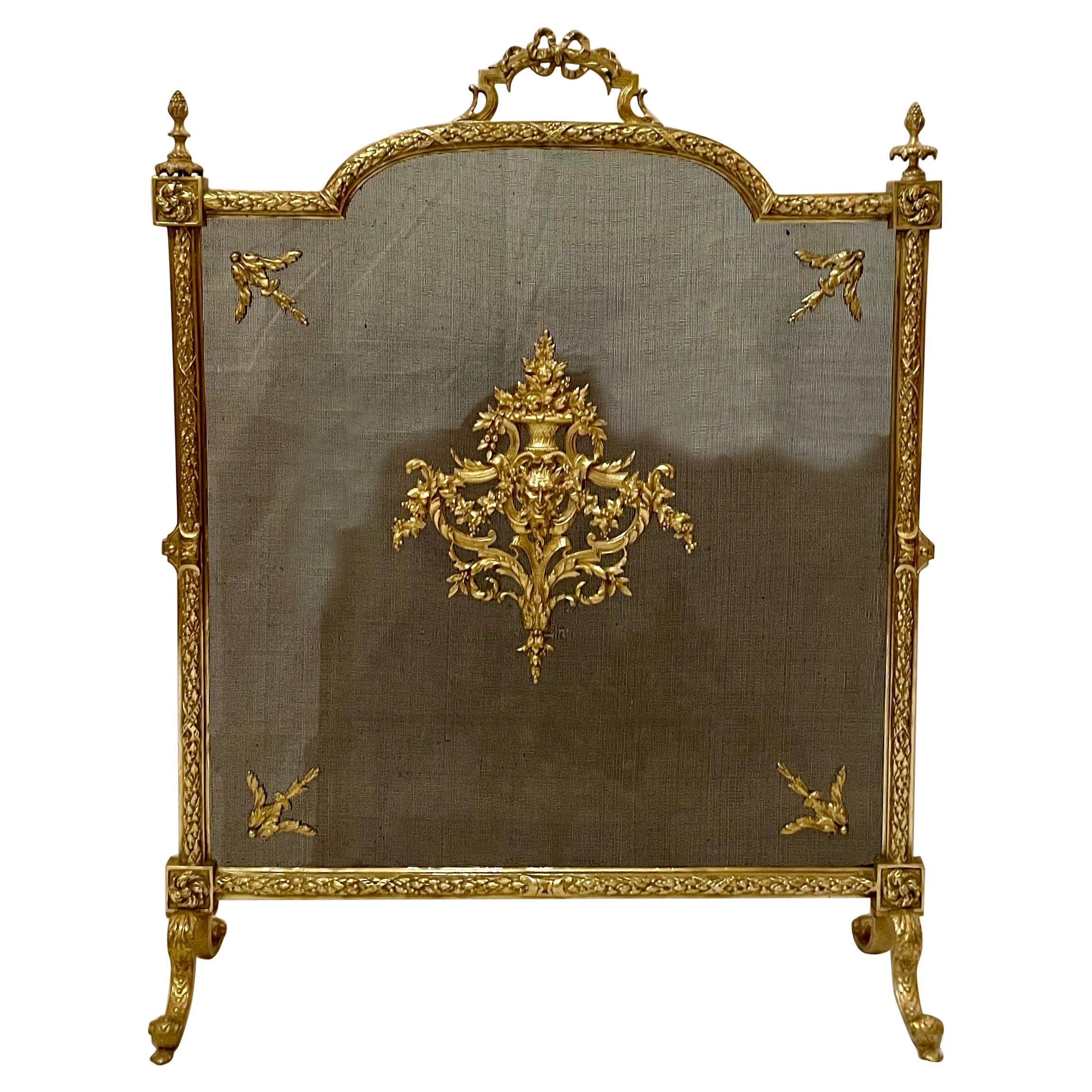 Antique French Louis XVI Style Gold Bronze Fire Screen, Circa 1890.