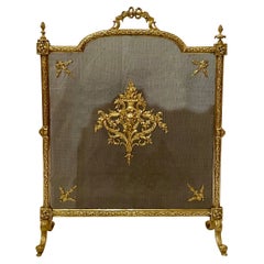 Antique French Louis XVI Style Gold Bronze Fire Screen, Circa 1890.