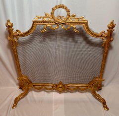 Antique French Louis XVI Style Gold Bronze Fire Screen, Circa 1900