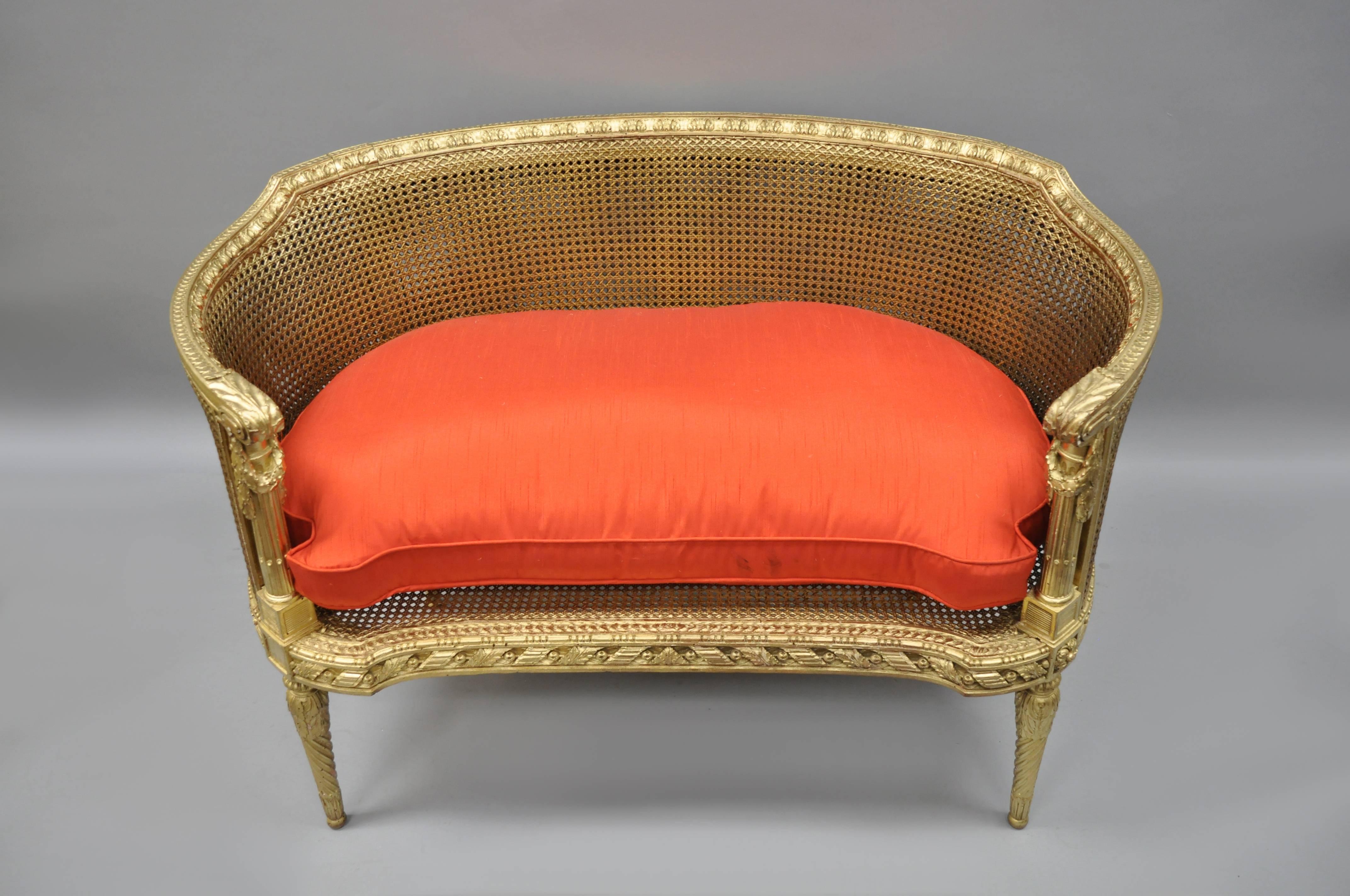 Antique French Louis XVI Style Gold Cane Giltwood Oval Settee Loveseat Bench 6