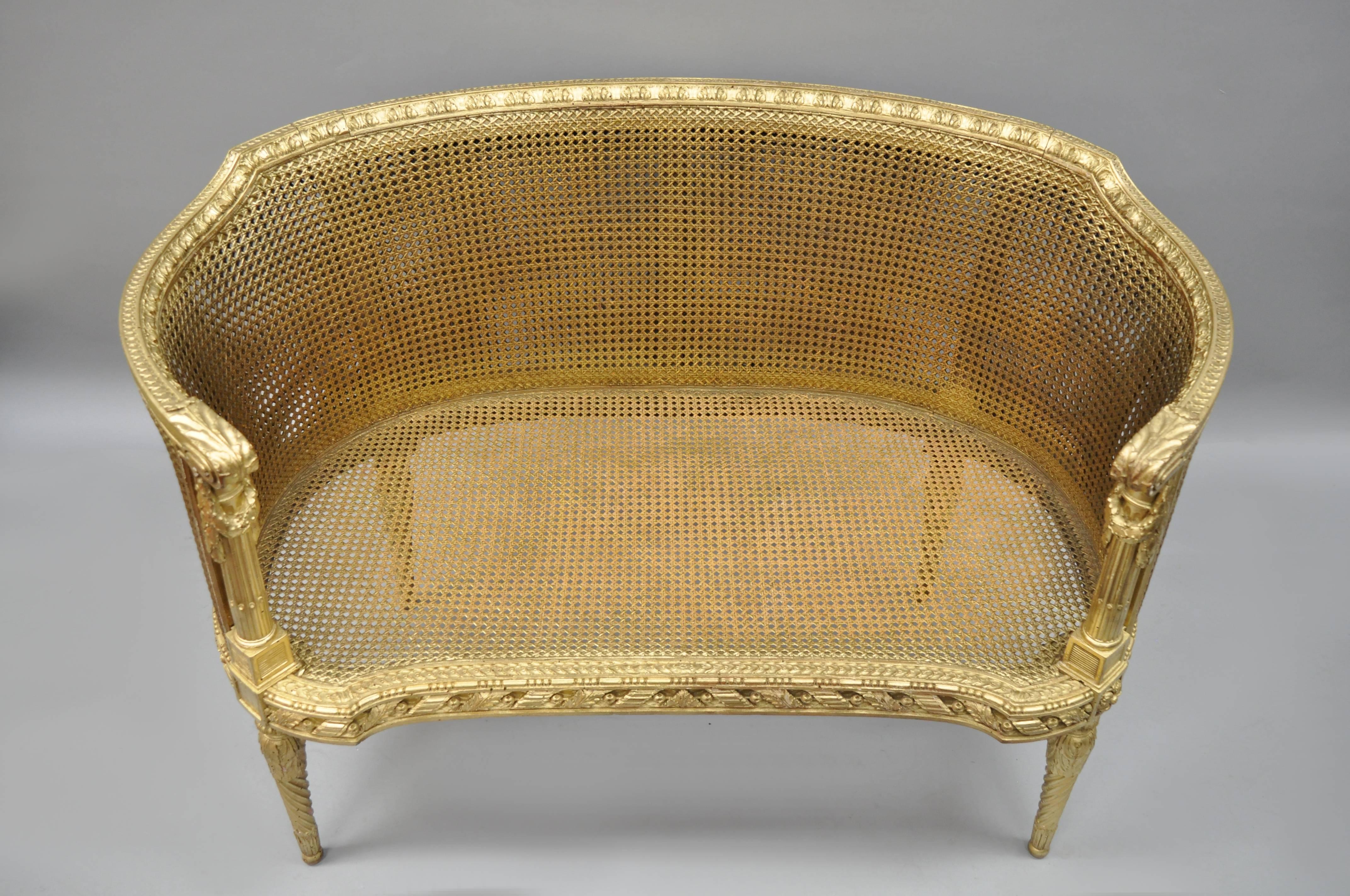 Antique French Louis XVI Style Gold Cane Giltwood Oval Settee Loveseat Bench 7