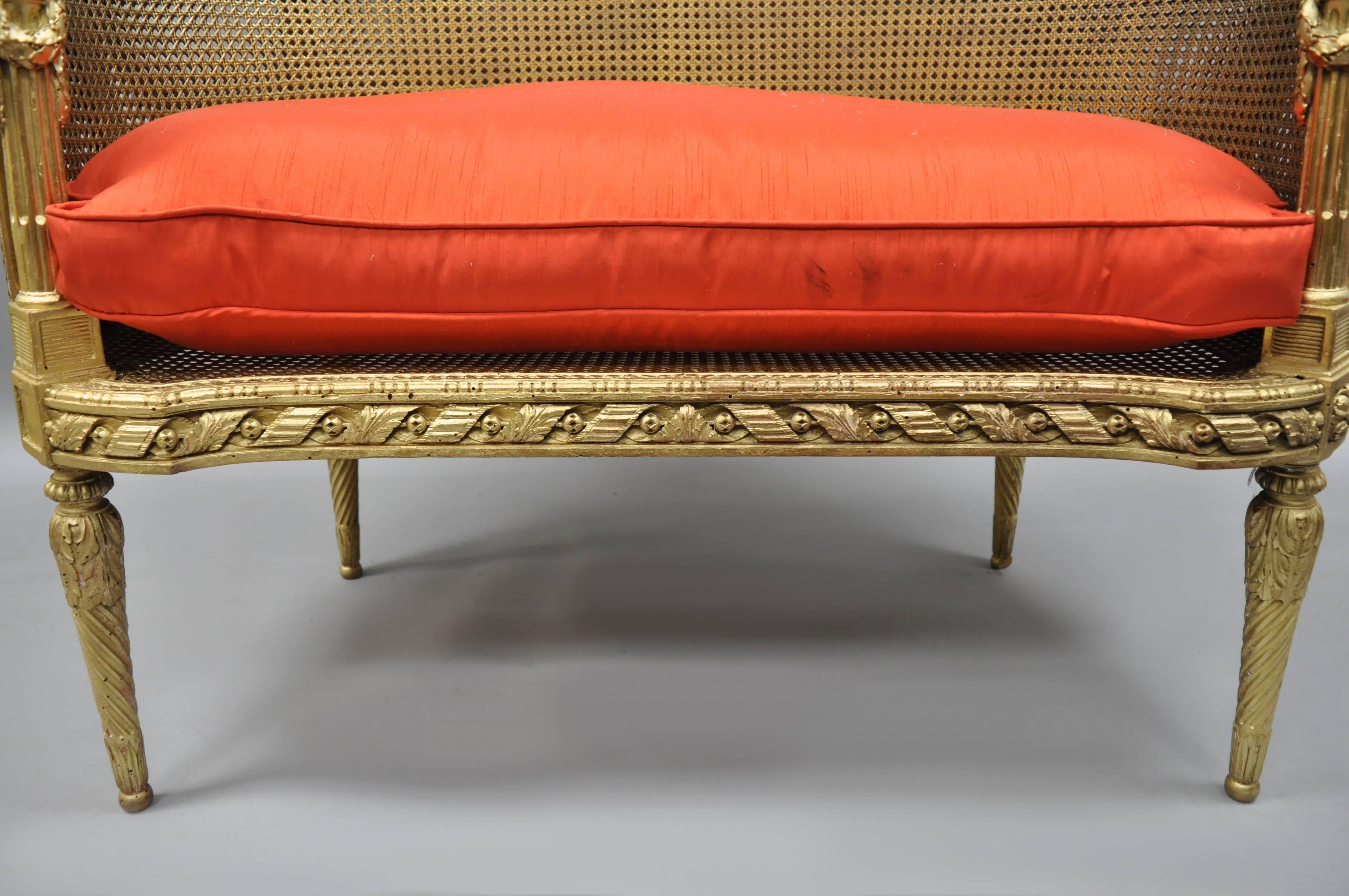 Antique French Louis XVI Style Gold Cane Giltwood Oval Settee Loveseat Bench In Good Condition In Philadelphia, PA