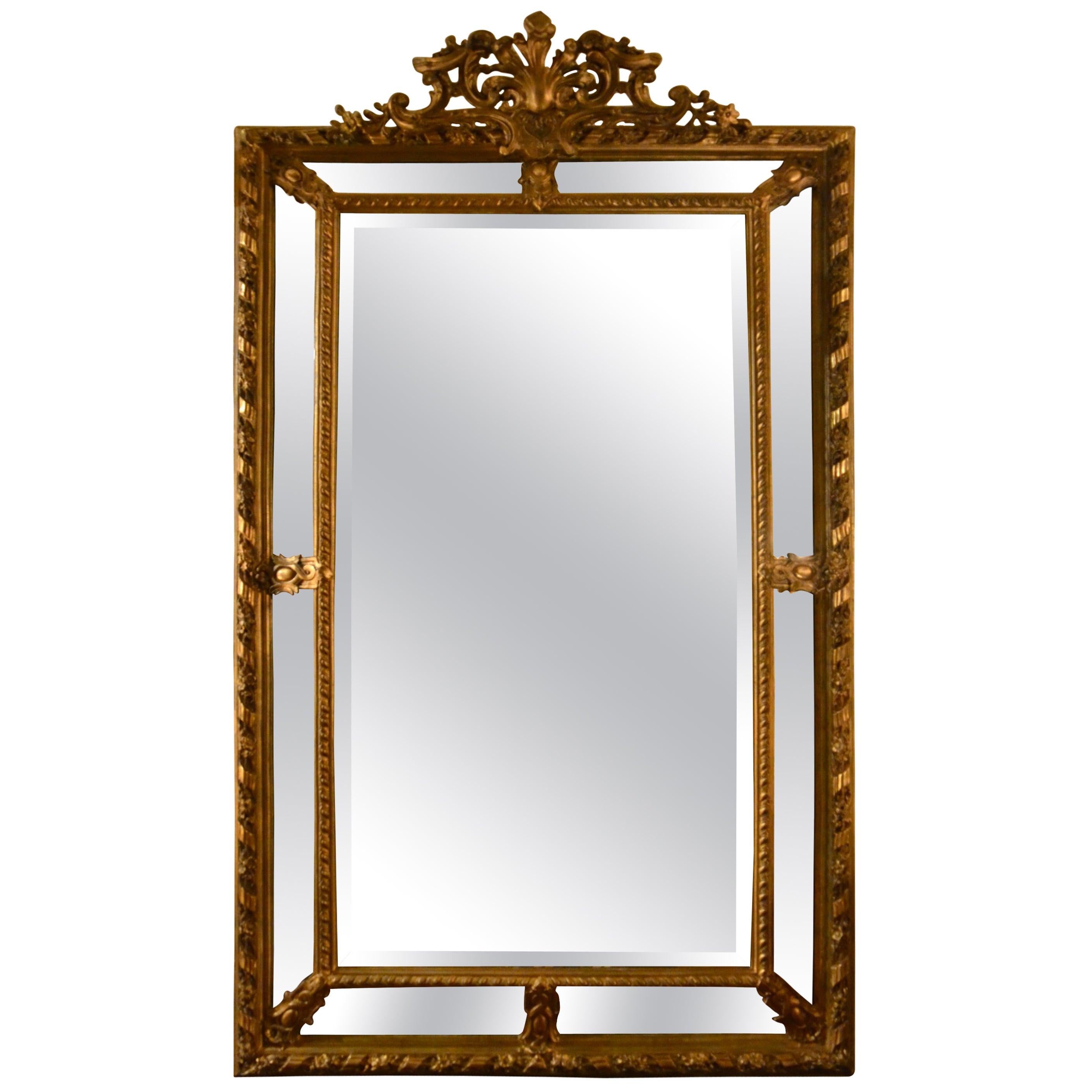 Antique French Louis XVI Style Gold Color Carved Wood Panelled Mirror circa 1890 In Good Condition In New Orleans, LA