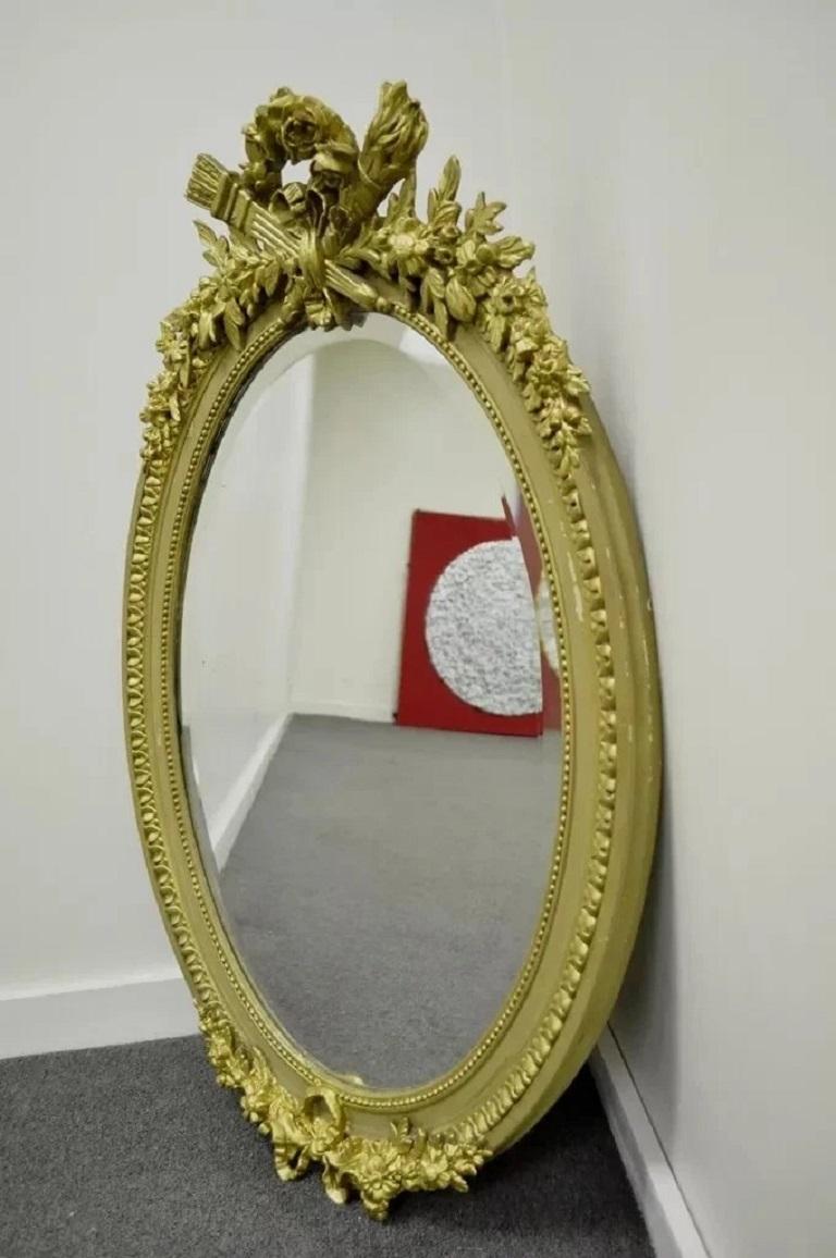 Antique French Louis XVI Style Gold Gilt Torch Flame Gesso Oval Wall Mirror For Sale 5