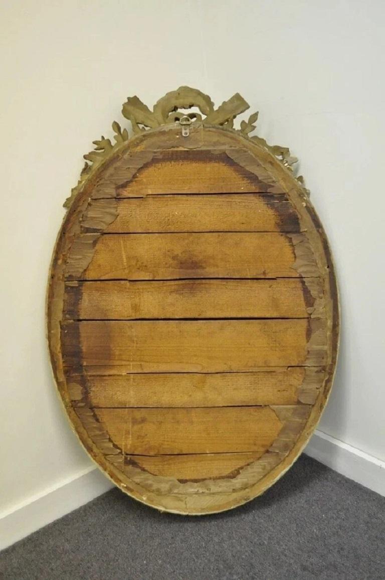 Antique French Louis XVI Style Gold Gilt Torch Flame Gesso Oval Wall Mirror For Sale 3