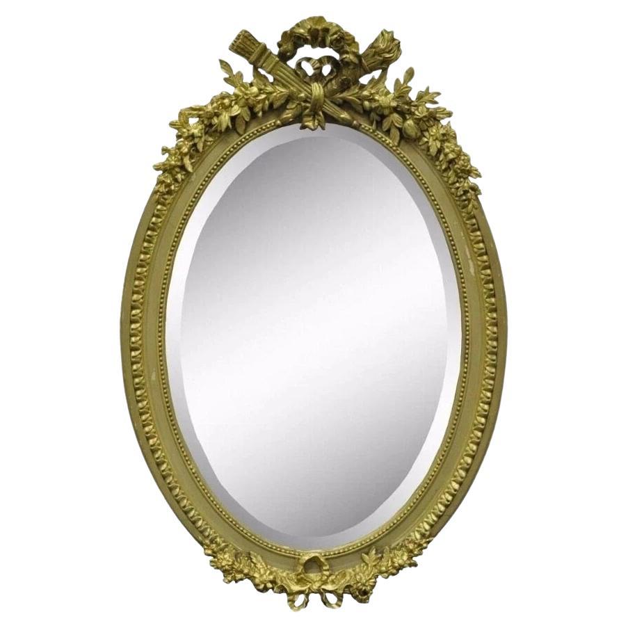 Antique French Louis XVI Style Gold Gilt Torch Flame Gesso Oval Wall Mirror For Sale