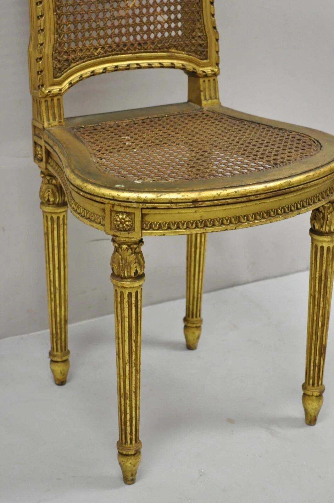Antique French Louis XVI Style Gold Giltwood Cane Boudoir Vanity Side Chair 1
