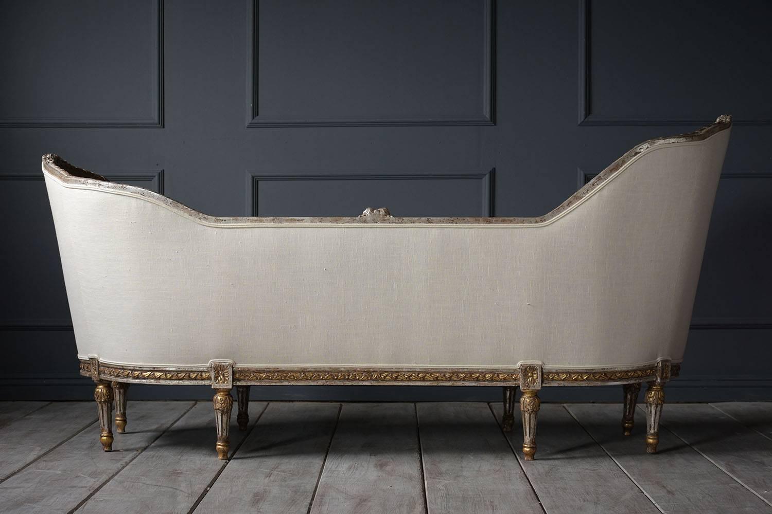 Antique French Louis XVI Style Gondola Chaise Lounge with Giltwood Frame 4
