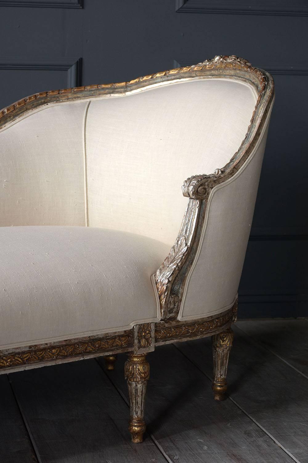 Antique French Louis XVI Style Gondola Chaise Lounge with Giltwood Frame 5