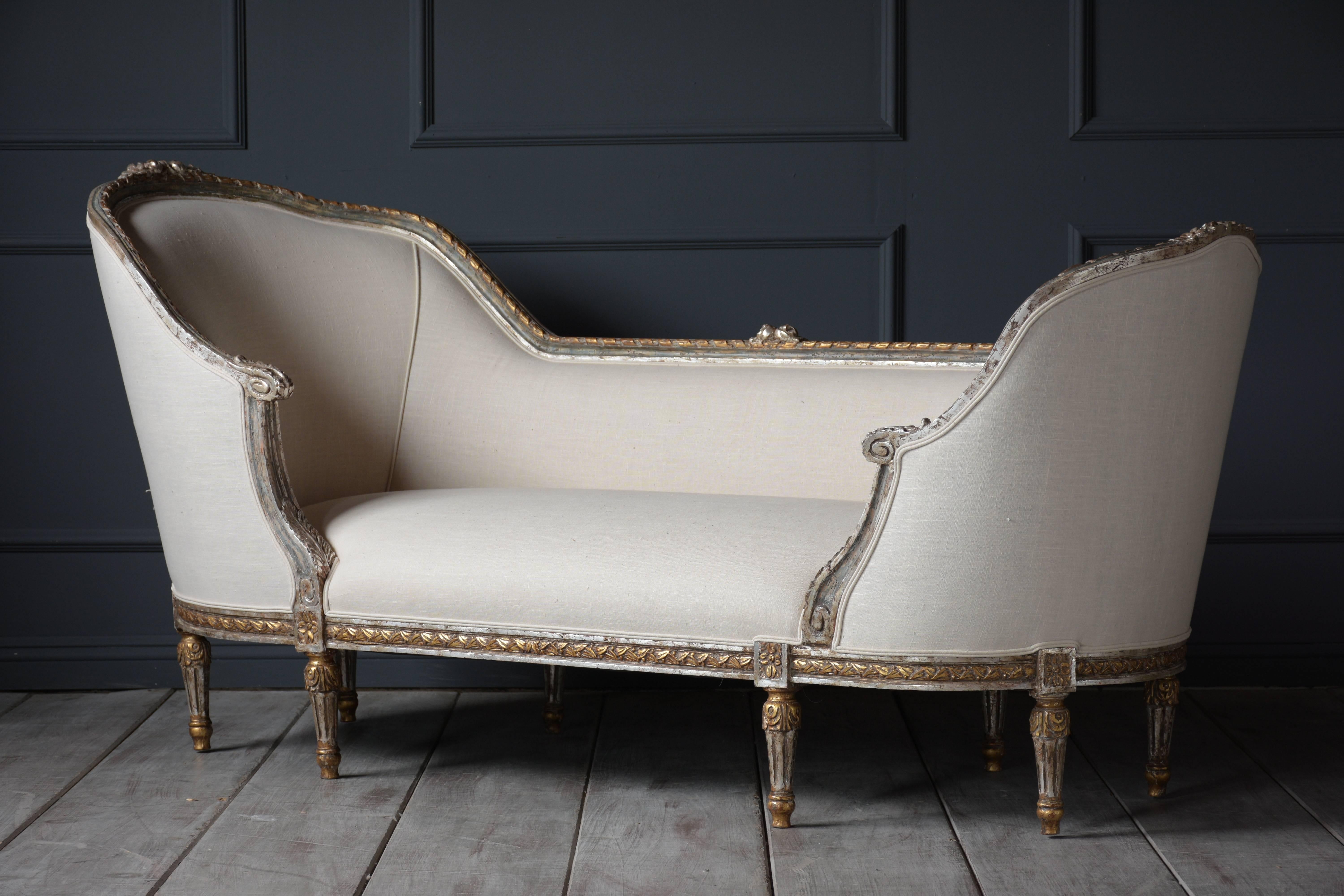 Antique French Louis XVI Style Gondola Chaise Lounge with Giltwood Frame 7