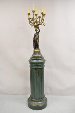Antique French Louis XVI Style Green & Gold Painted Wooden Column Pedestal with