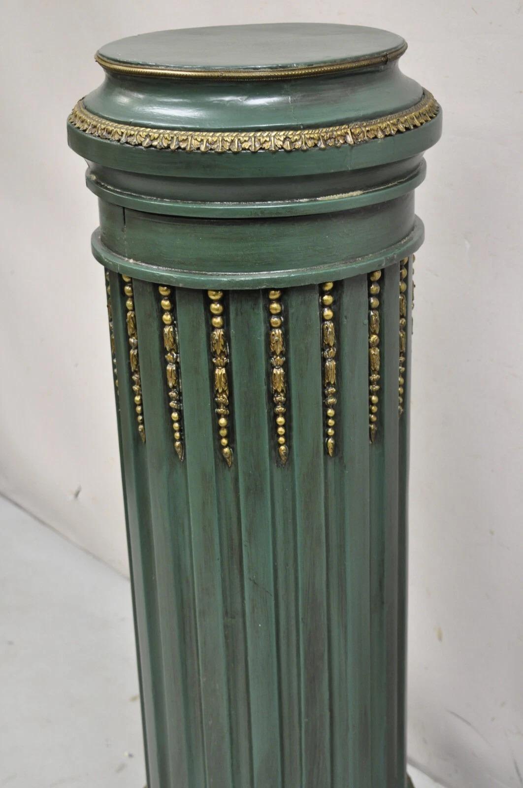 XX secolo Antique French Louis XVI Style Green & Gold Painted Wooden Column Pedestal with in vendita