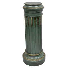 Antique French Louis XVI Style Green & Gold Painted Wooden Column Pedestal with