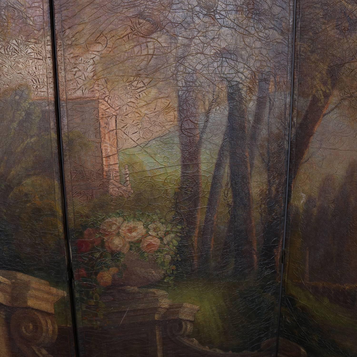 Antique French Louis XVI Style Hand-Painted Garden Three-Panel Dressing Screen In Good Condition In Big Flats, NY