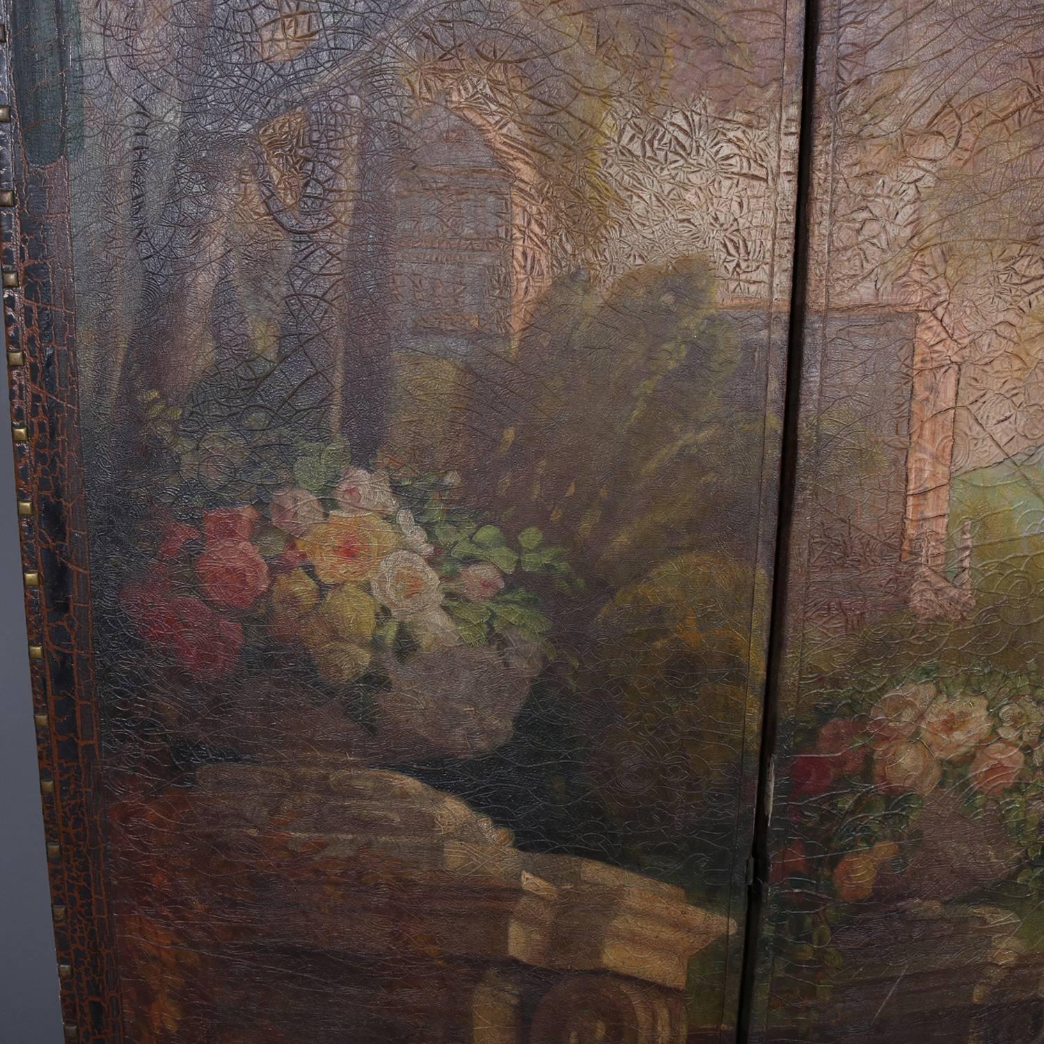 19th Century Antique French Louis XVI Style Hand-Painted Garden Three-Panel Dressing Screen