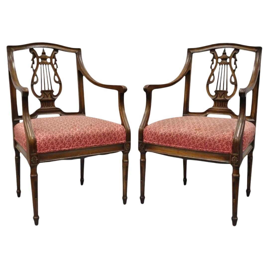 Antique French Louis XVI Style Harp Lyre Back Italian Mahogany Arm Chairs - Pair