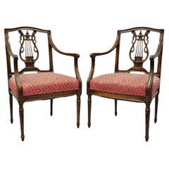 Antique French Louis XVI Style Harp Lyre Back Italian Mahogany Arm Chairs - Pair