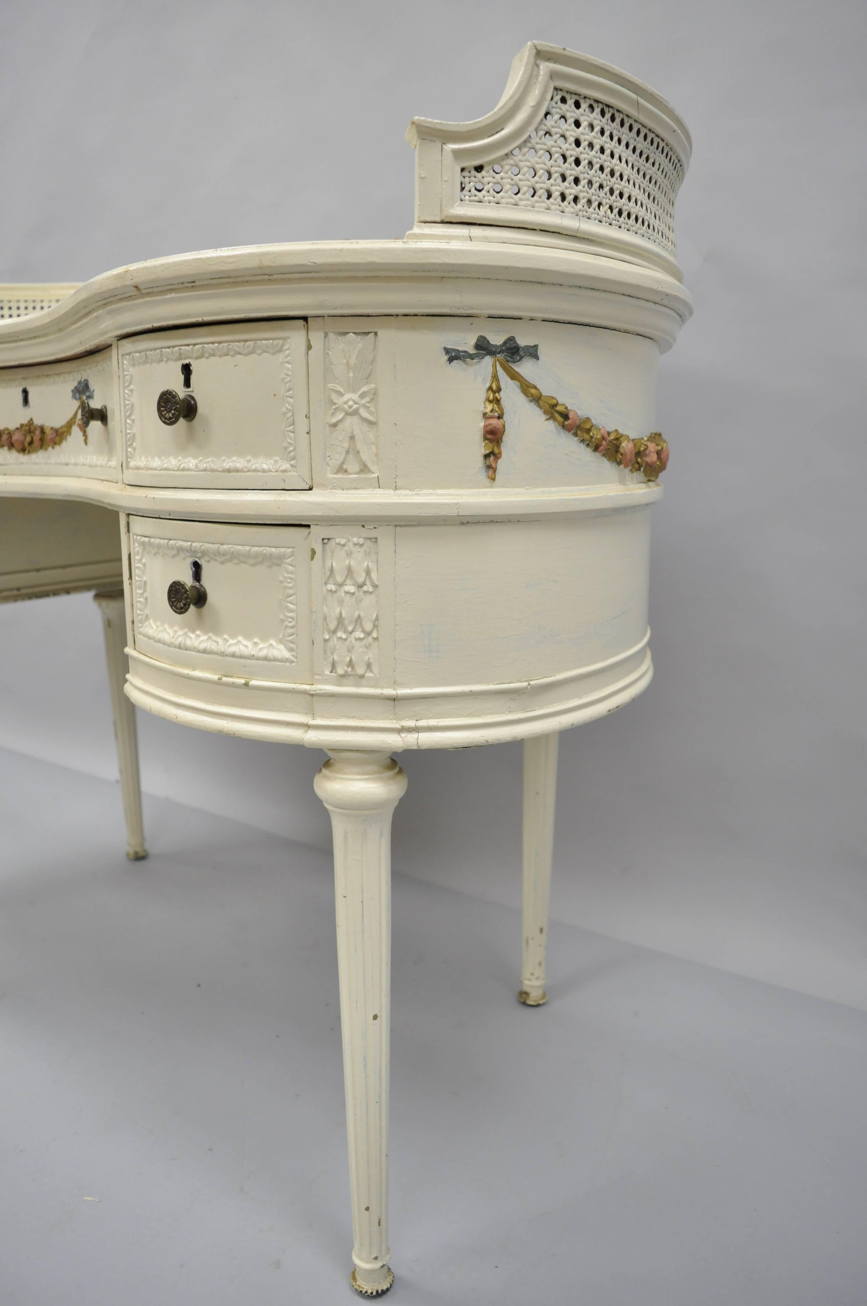 Carved Antique French Louis XVI Style Kidney Shaped Writing Desk Painted Vanity Table