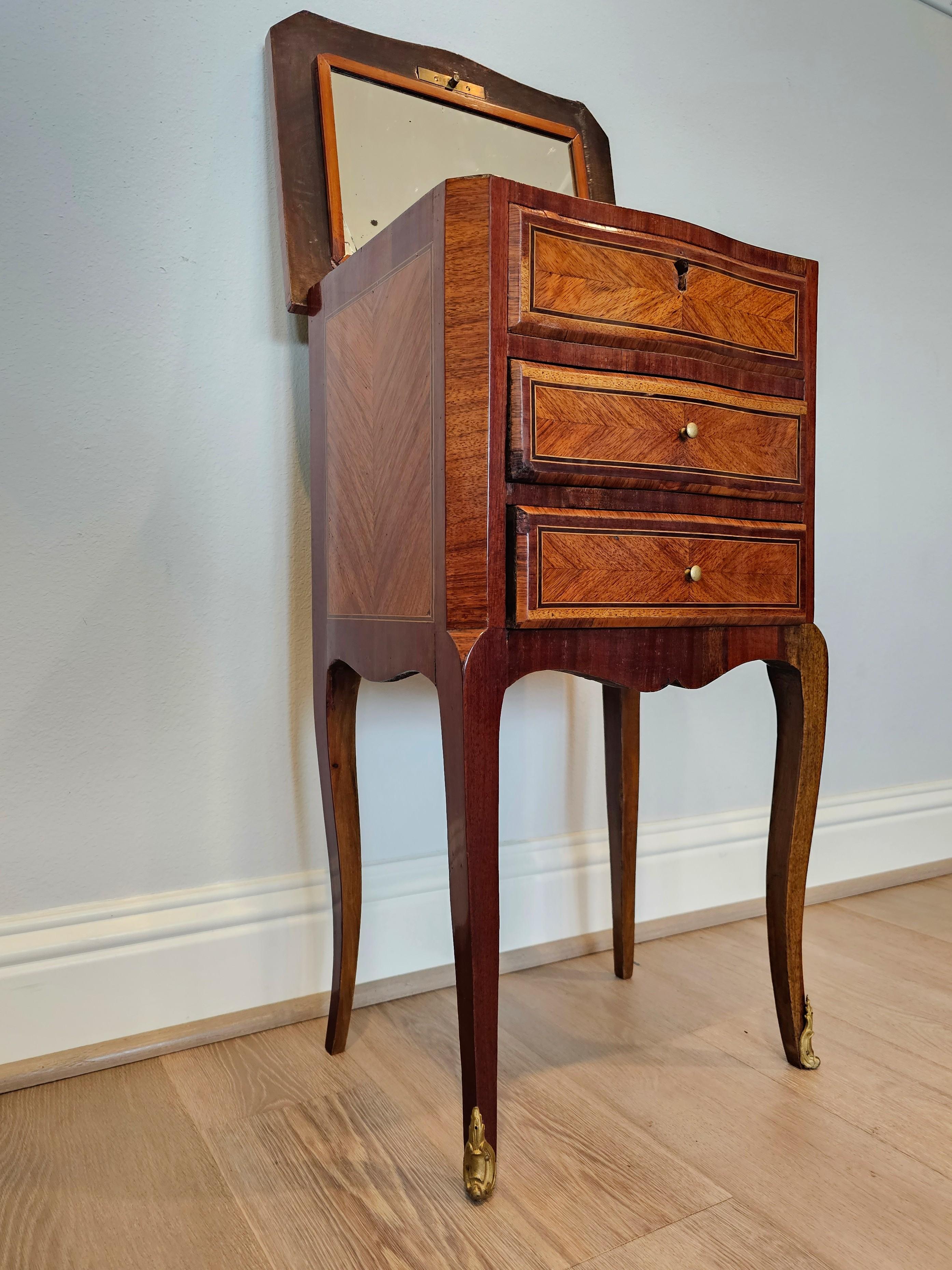 Antique French Louis XVI Style Kingwood Parquetry Mirrored Nightstand End Table For Sale 2