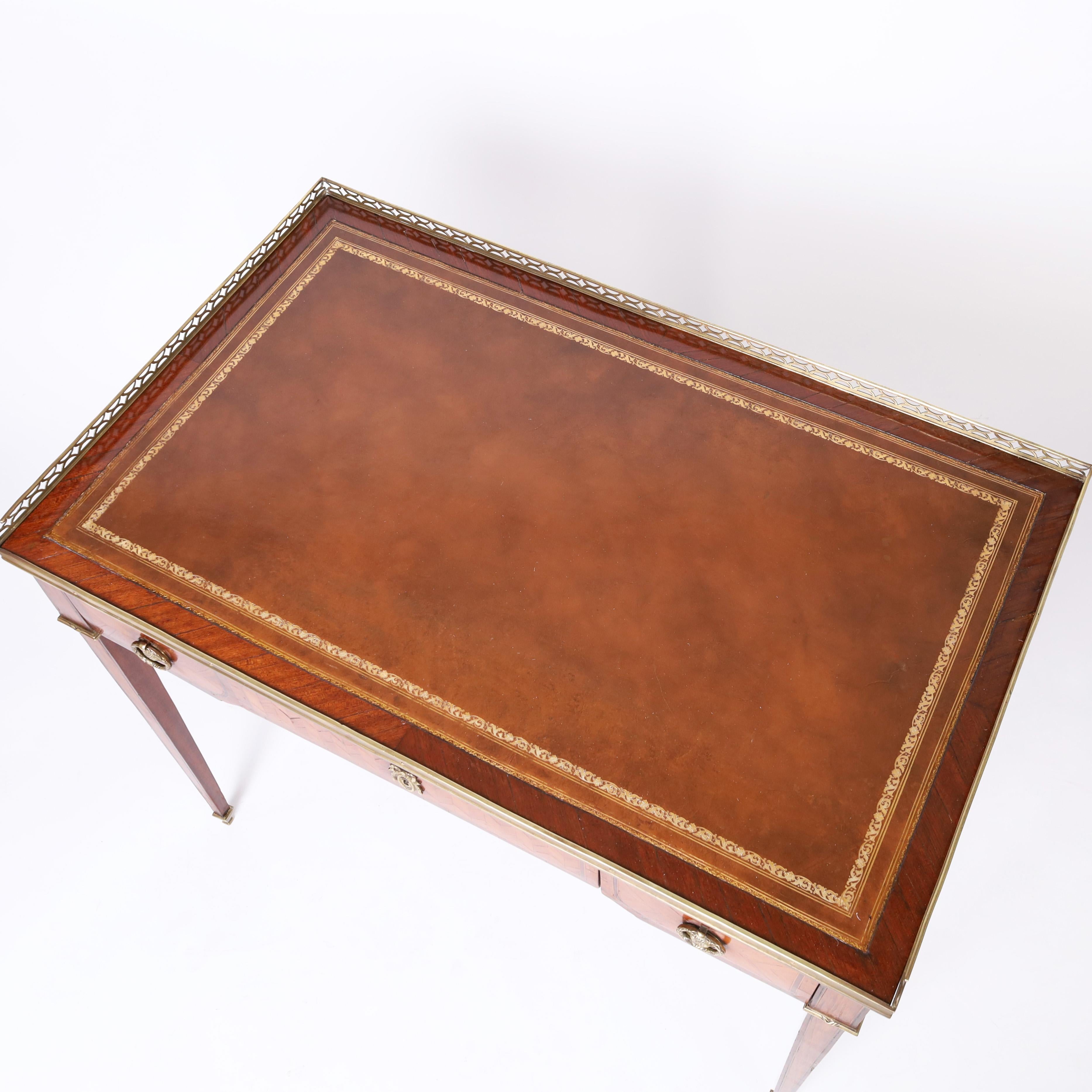 Brass Antique French Louis XVI Style Leather Top Writing Desk For Sale