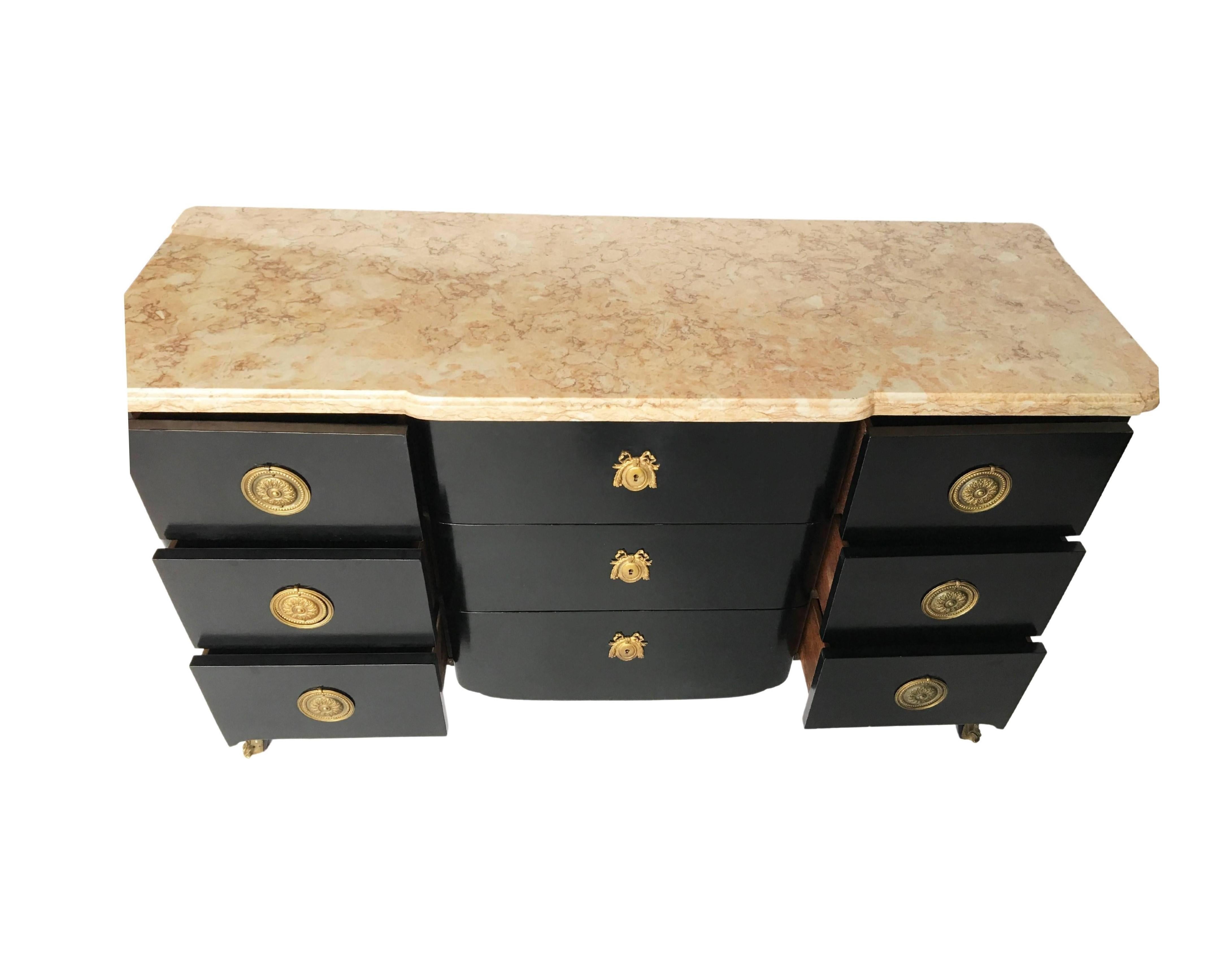 Brass French Louis XVI Style Mahogany Commode, Maison Jansen For Sale