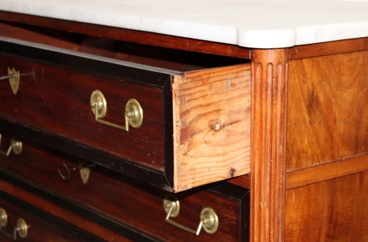 Hand-Crafted Antique French Louis XVI style Mahogany Commode with White Marble Top For Sale