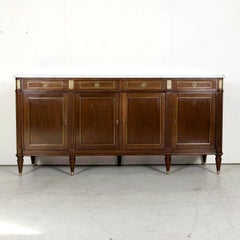 Antique French Louis XVI Style Mahogany Enfilade Buffet with Carrara Marble Top