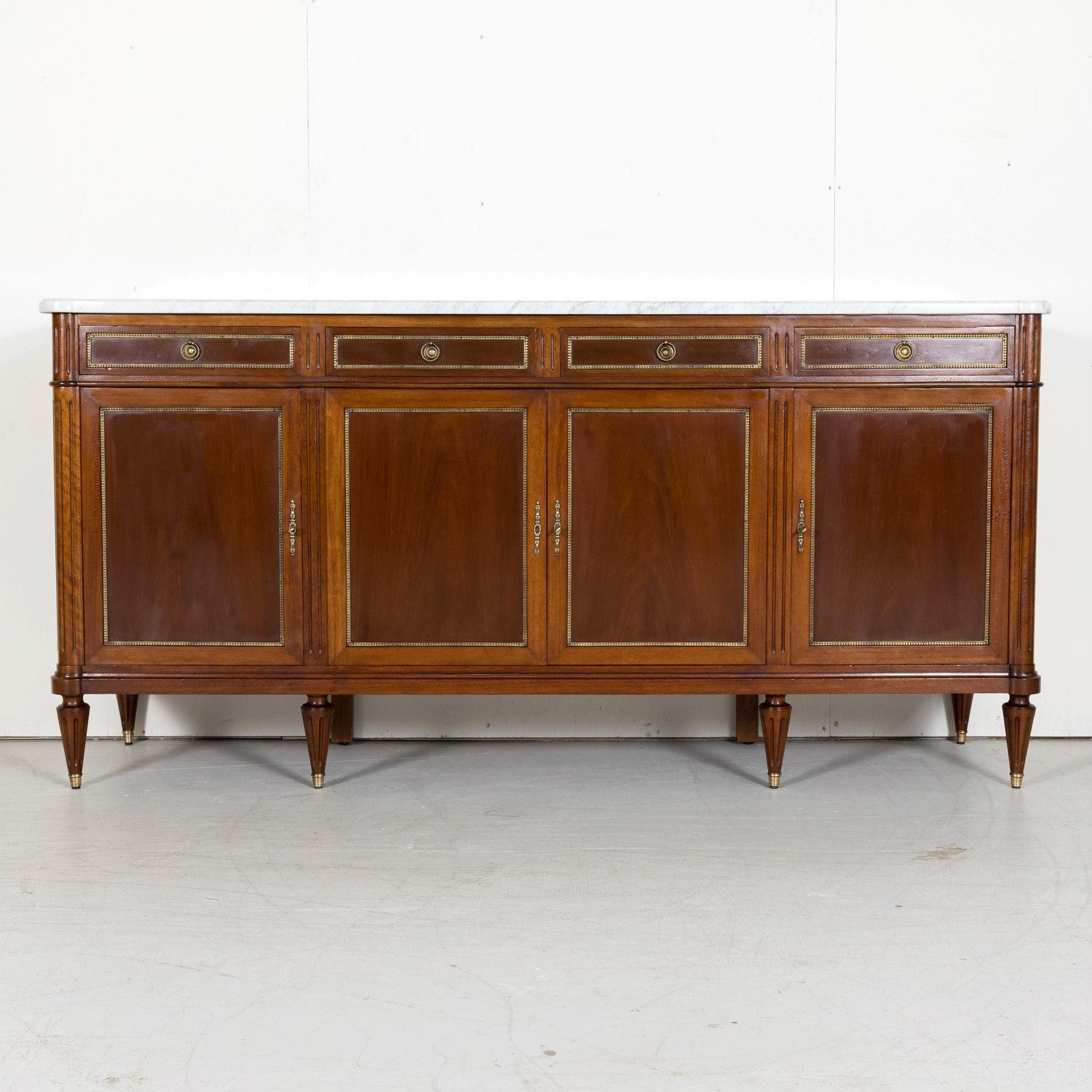 Antique French Louis XVI Style Mahogany Enfilade Buffet with Carrara Marble Top In Good Condition In Birmingham, AL