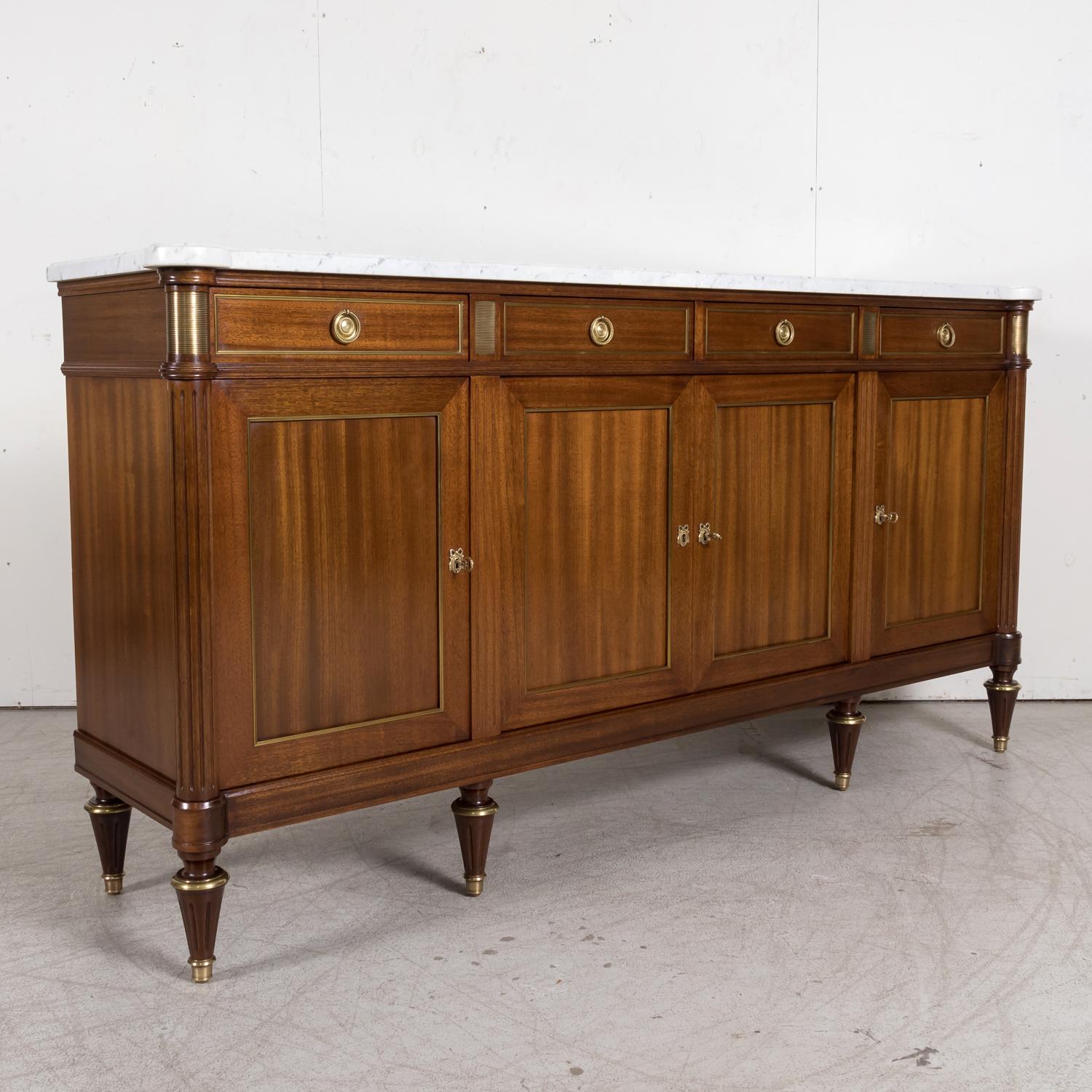 Early 20th Century Antique French Louis XVI Style Mahogany Enfilade Buffet with Carrara Marble Top