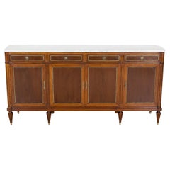 Antique French Louis XVI Style Mahogany Enfilade Buffet with Carrara Marble Top