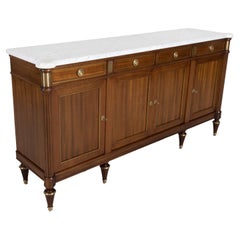 Antique French Louis XVI Style Mahogany Enfilade Buffet with Carrara Marble Top