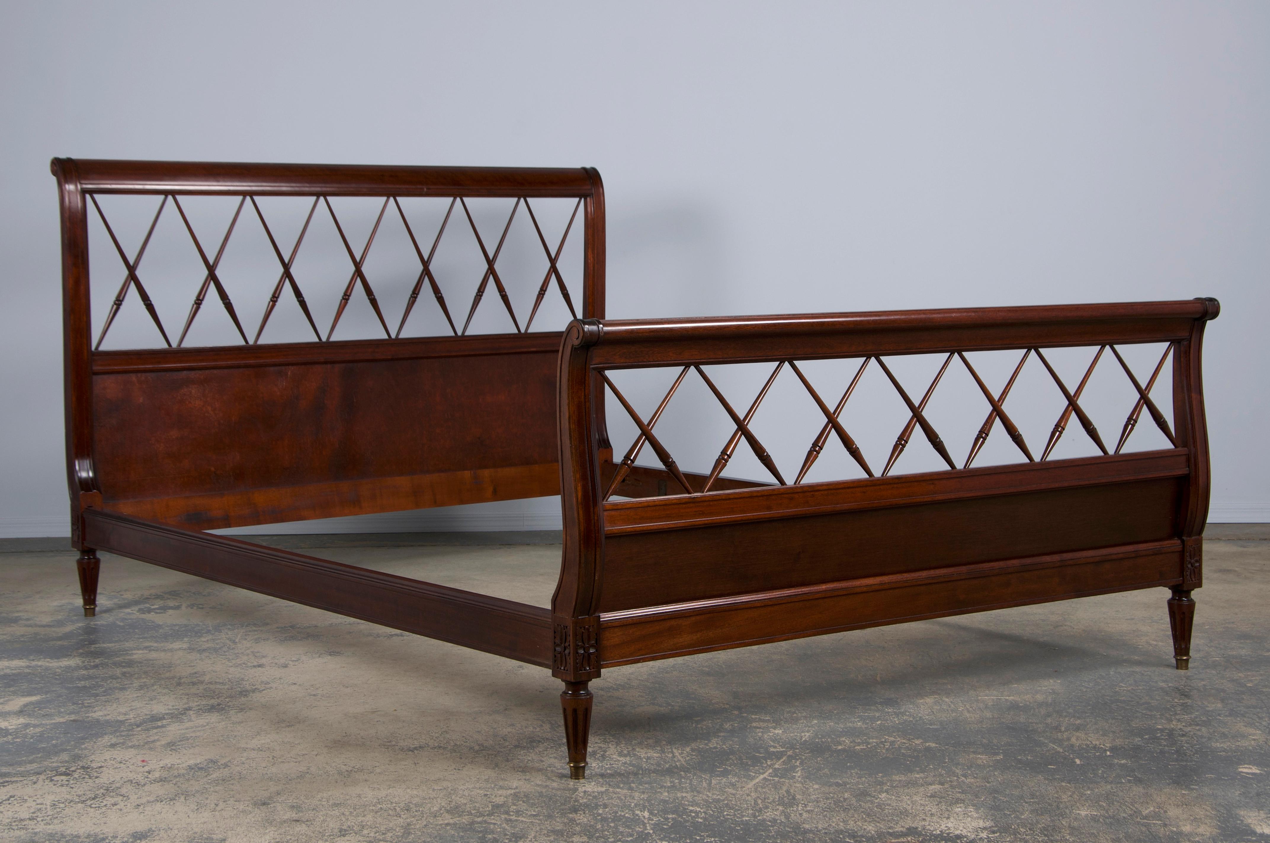 Brass Antique French Louis XVI Style Mahogany Full Size Bedframe For Sale