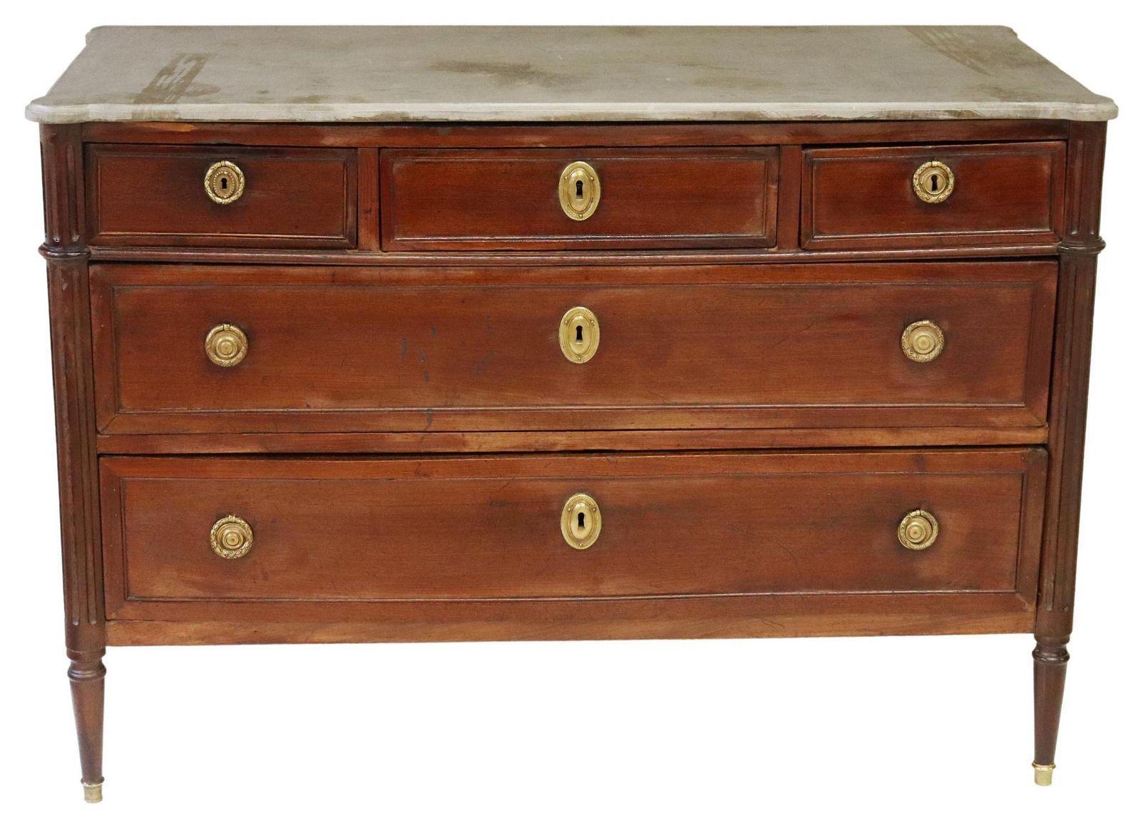 Hand-Crafted Antique French Louis XVI Style Mahogany Gray Stone-Top Commode For Sale