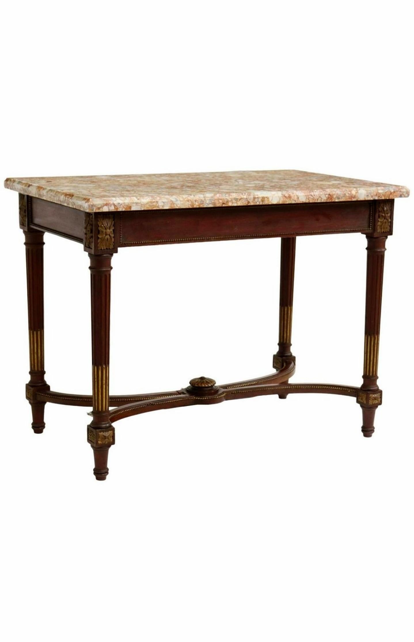 Antique French Louis XVI Style Mahogany Marble-Top Center Table In Good Condition For Sale In Forney, TX