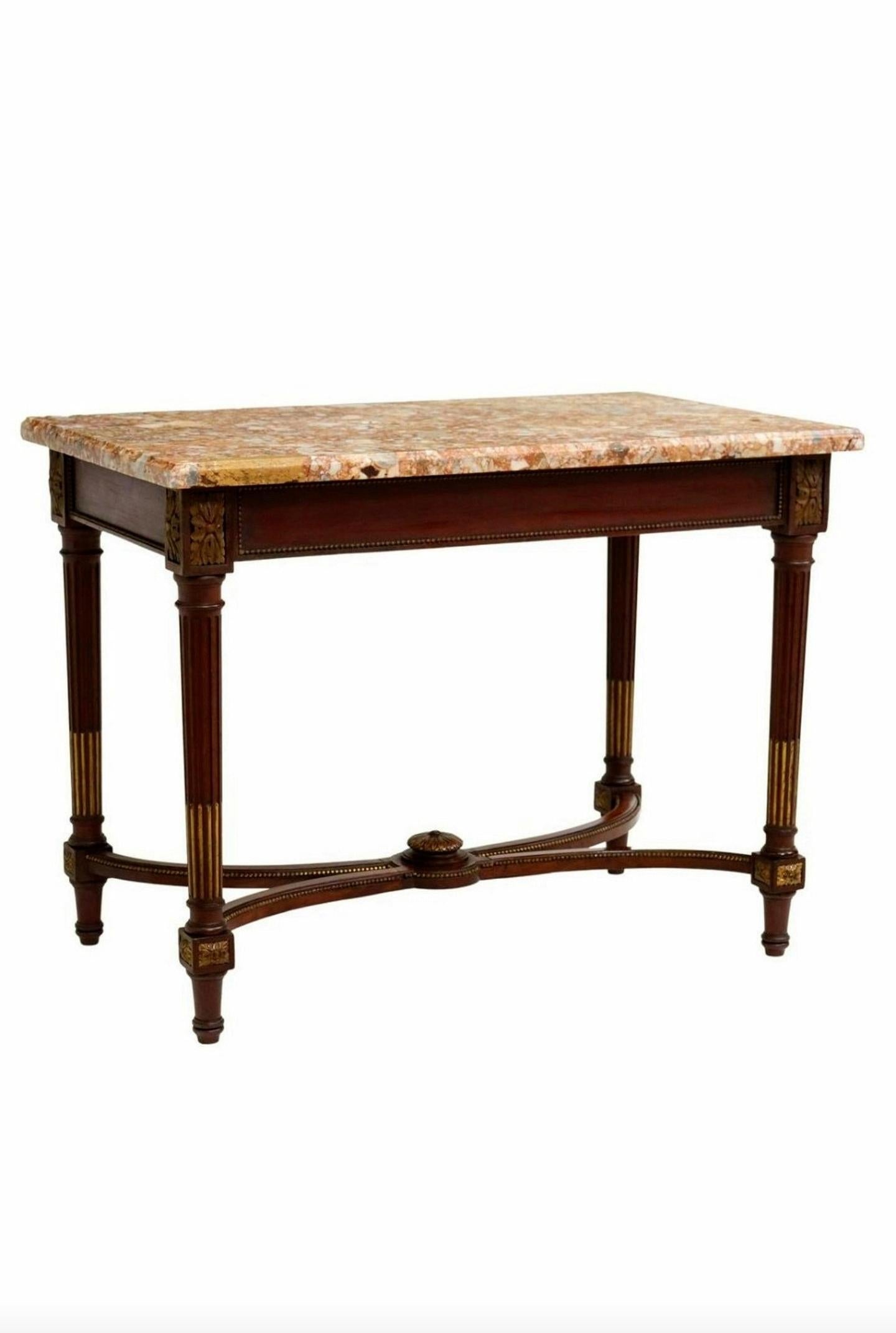 20th Century Antique French Louis XVI Style Mahogany Marble-Top Center Table For Sale