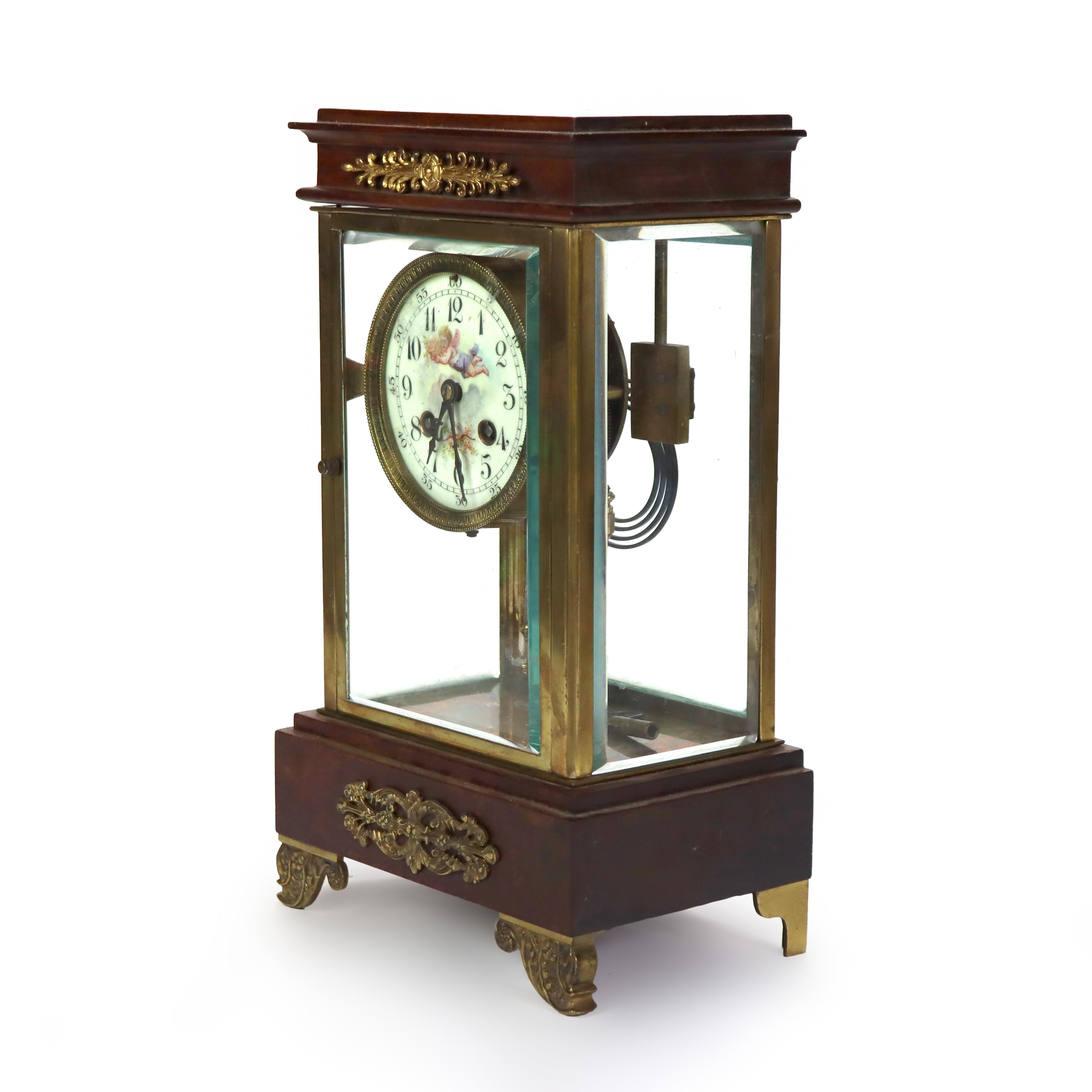 Antike Französisch Louis XVI Stil Mahagoni & Ormolu Uhr mit handgemalten Zifferblatt unsigned C1890.     
12 3/4