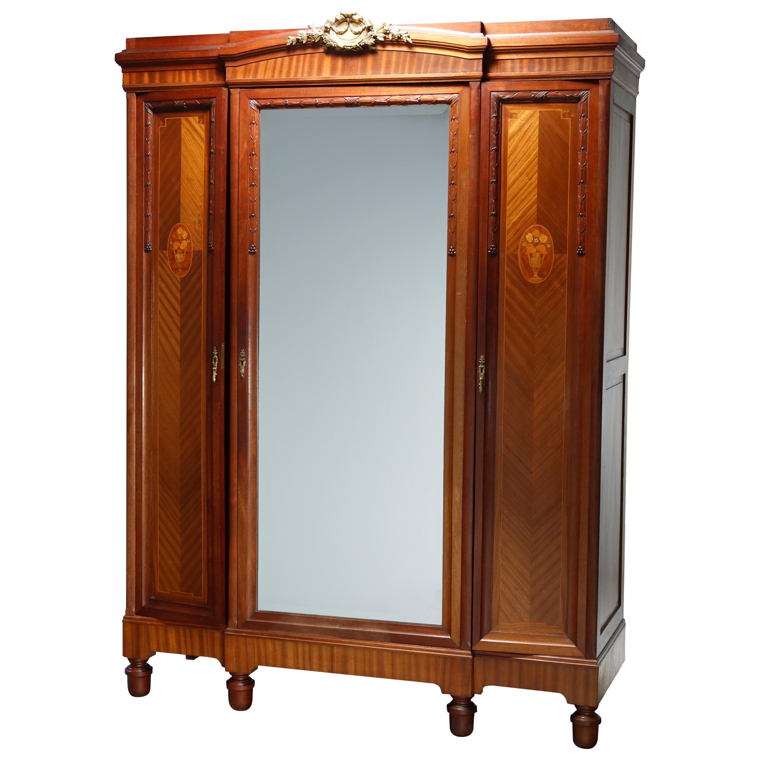 Antique French Louis XVI Style Mahogany, Rosewood & Satinwood Marquetry Armoire