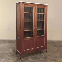 Antique French Louis XVI Style Mahogany Vitrine ~ Bookcase with Carrara Marble