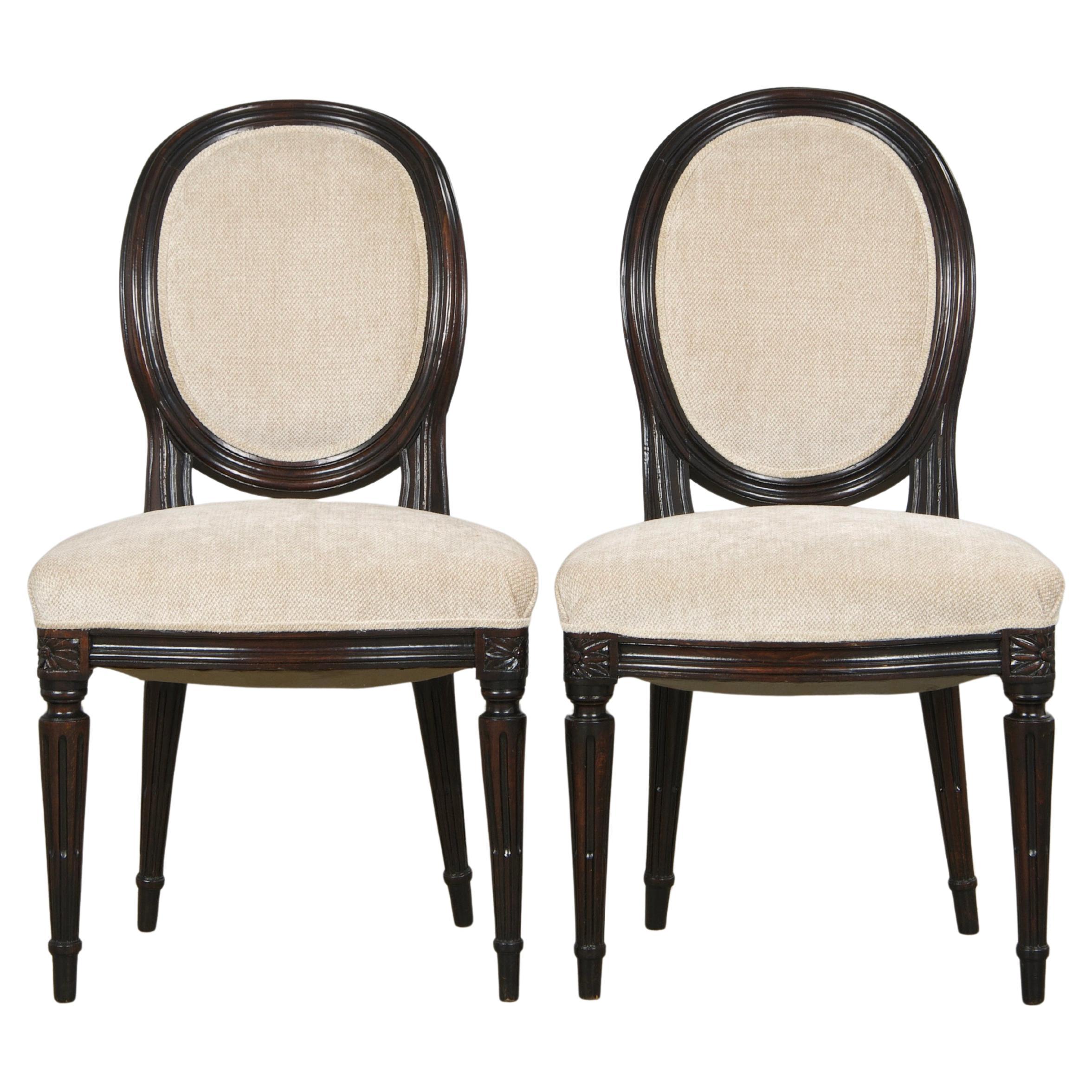 Antique French Louis XVI Style Maple Side Chairs in Beige Chenille - A Pair