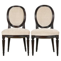 Antique French Louis XVI Style Maple Side Chairs in Beige Chenille - A Pair