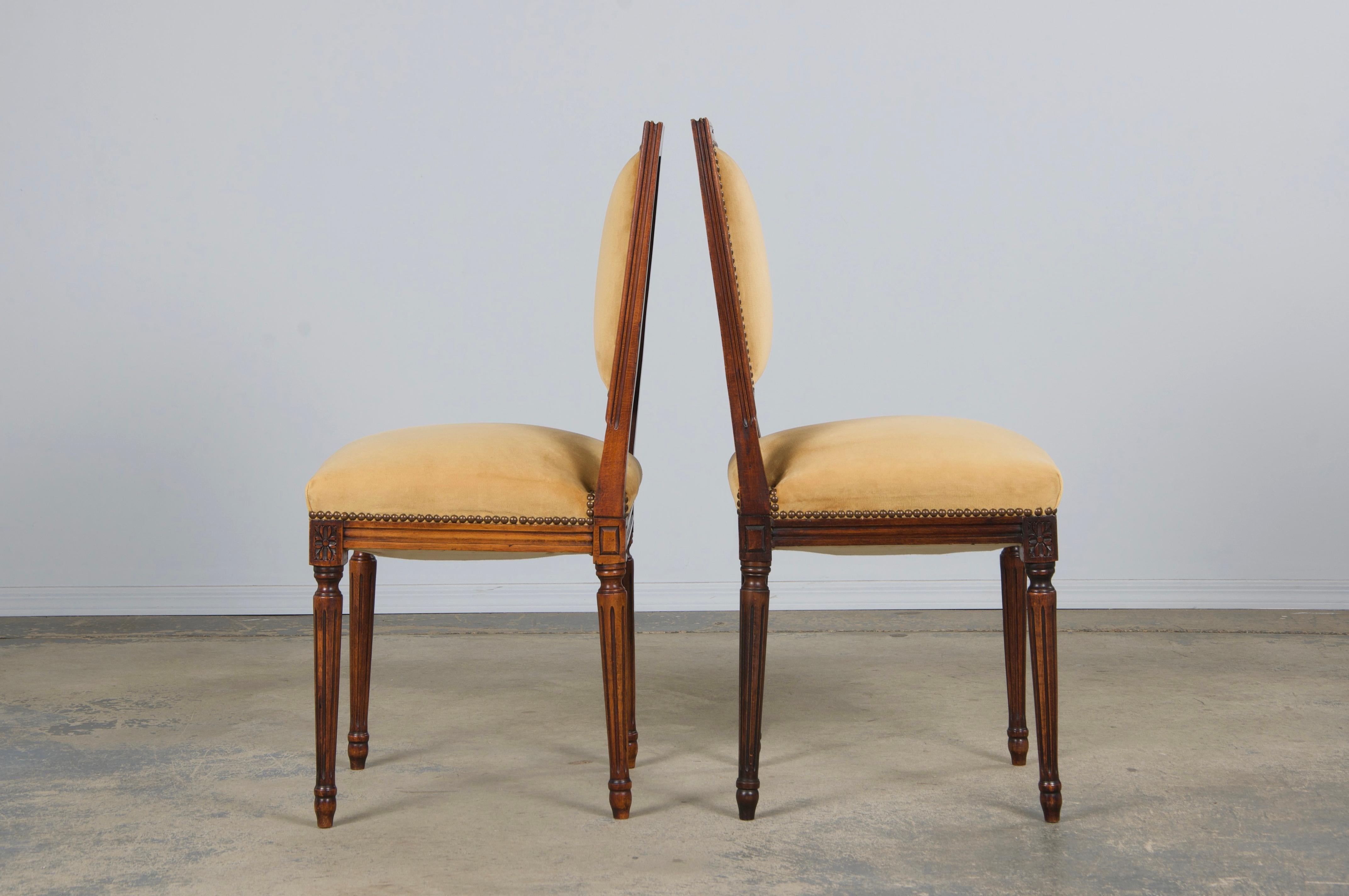 Antique French Louis XVI Style Maple Side Chairs in Golden Yellow Velvet- A Pair For Sale 6